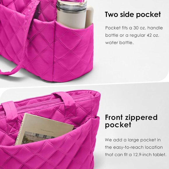 Women Puffer Tote Bag Lightweight Quilted Shoulder Travel Work Accessory - Picture 2 of 6